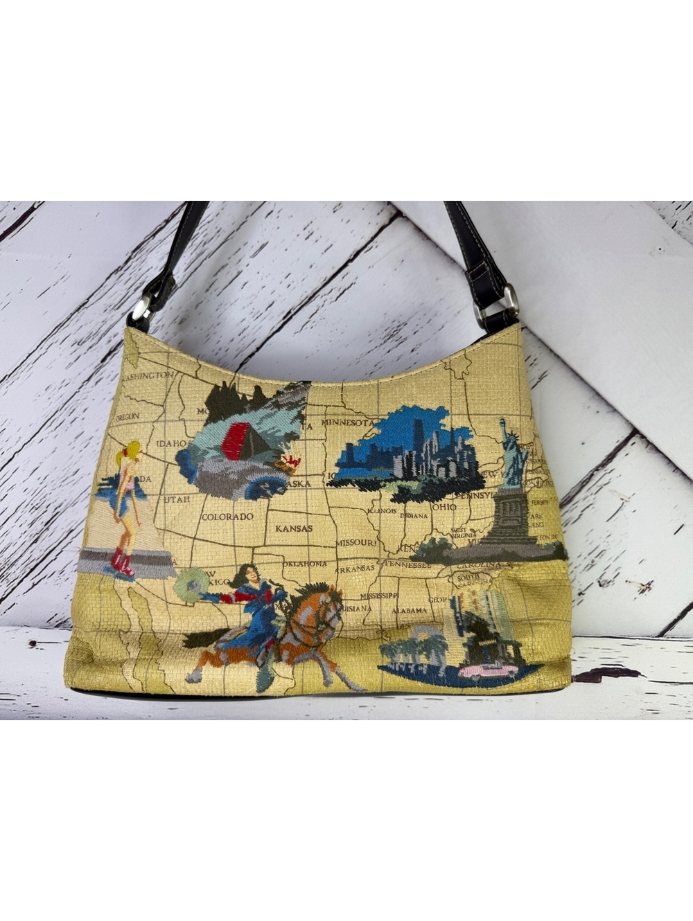 VTG Cottagecore Tapestry US Map Shoulder Bag  Embroidered Landmark Hobo Purse